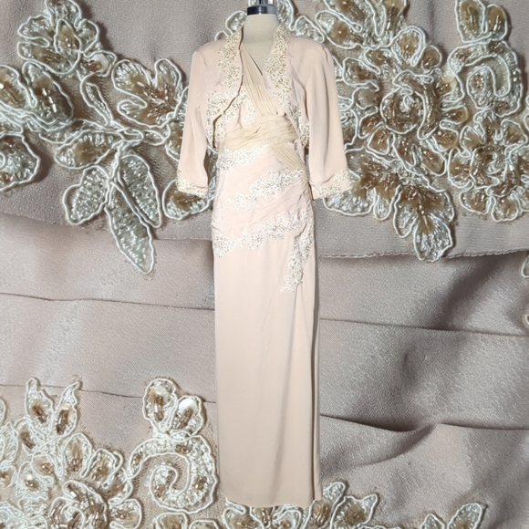 UNIQUE Couture Beige Embellished Two Pieces Formal Maxi Dress Size 16 - Picture 5 of 16